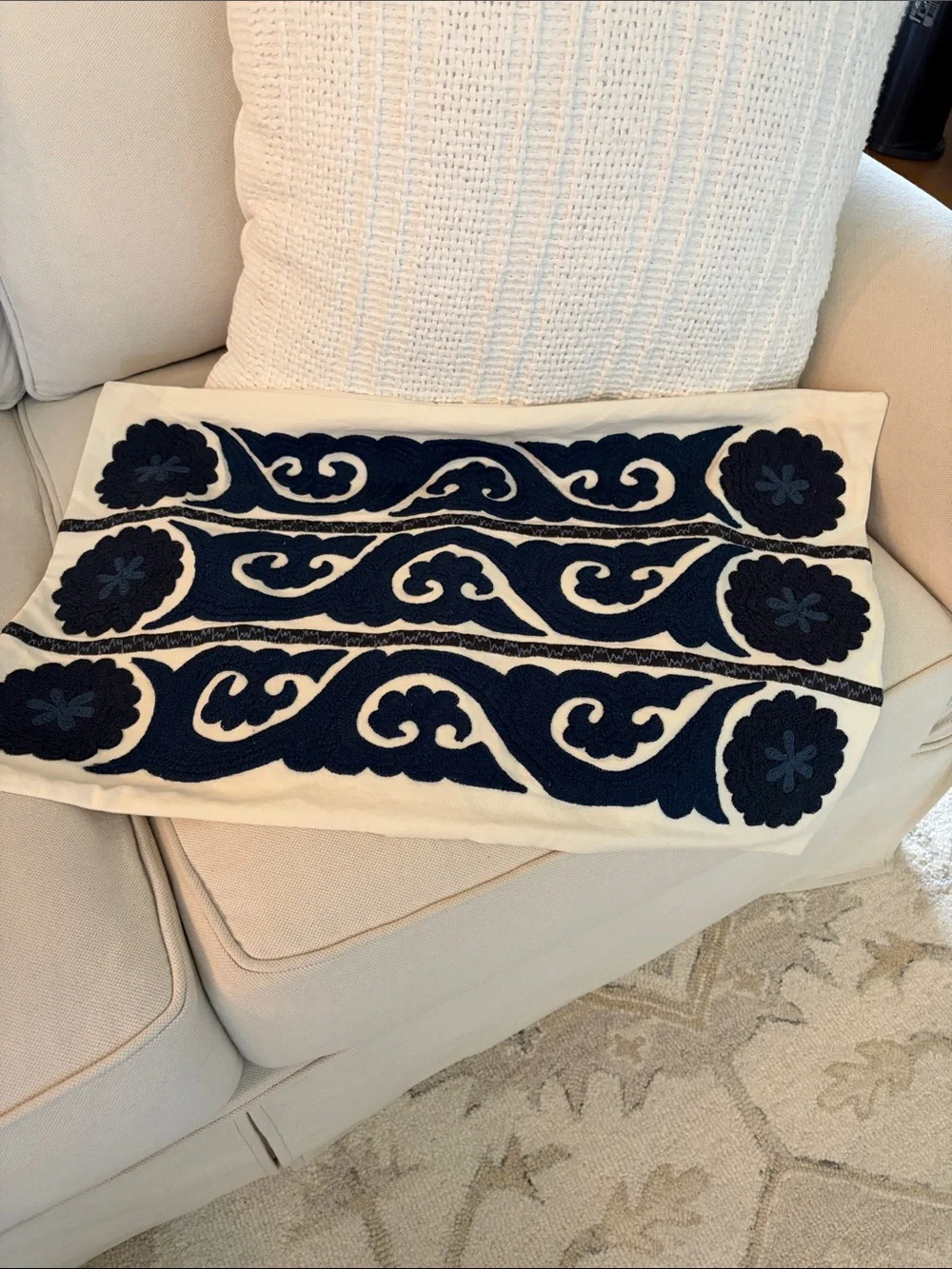 Pottery Barn Navy Blue and White Embroidered Pillow Cover 16 X 26